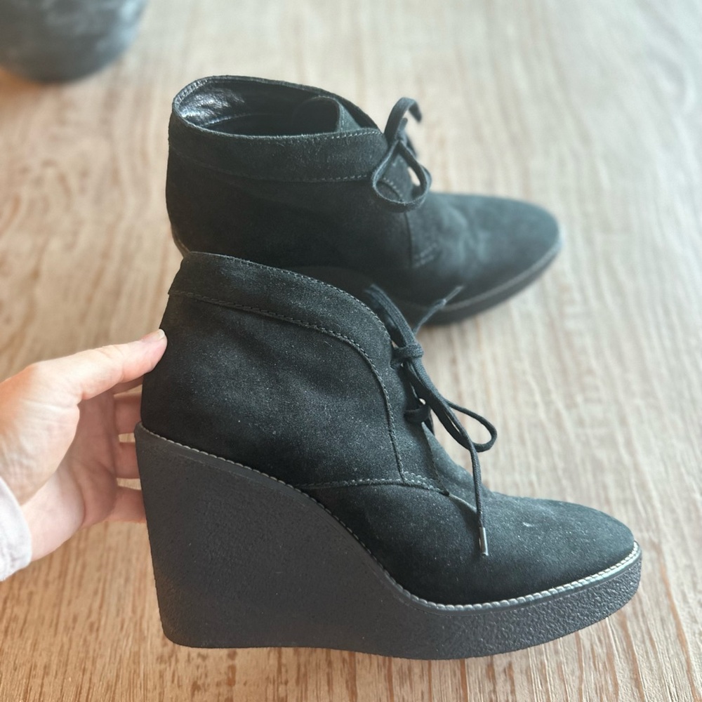 Aquatalia Vickie black suede ankle boot w/ rubber wedge heel.